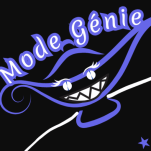 logo du site de mode génie composé d'une lampe magique par dessus est des yeux et une bouche en dents pointus. un trait est dessiné pour faire simultanément l'horizon et aussi les épaules appartenant aux traits de visage.